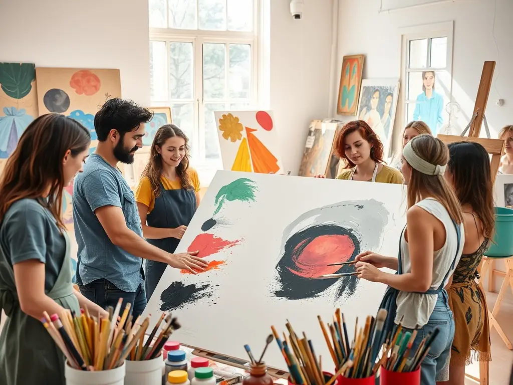 A vibrant image of artists collaborating during an artistic residency program, showcasing the creative process and community engagement.