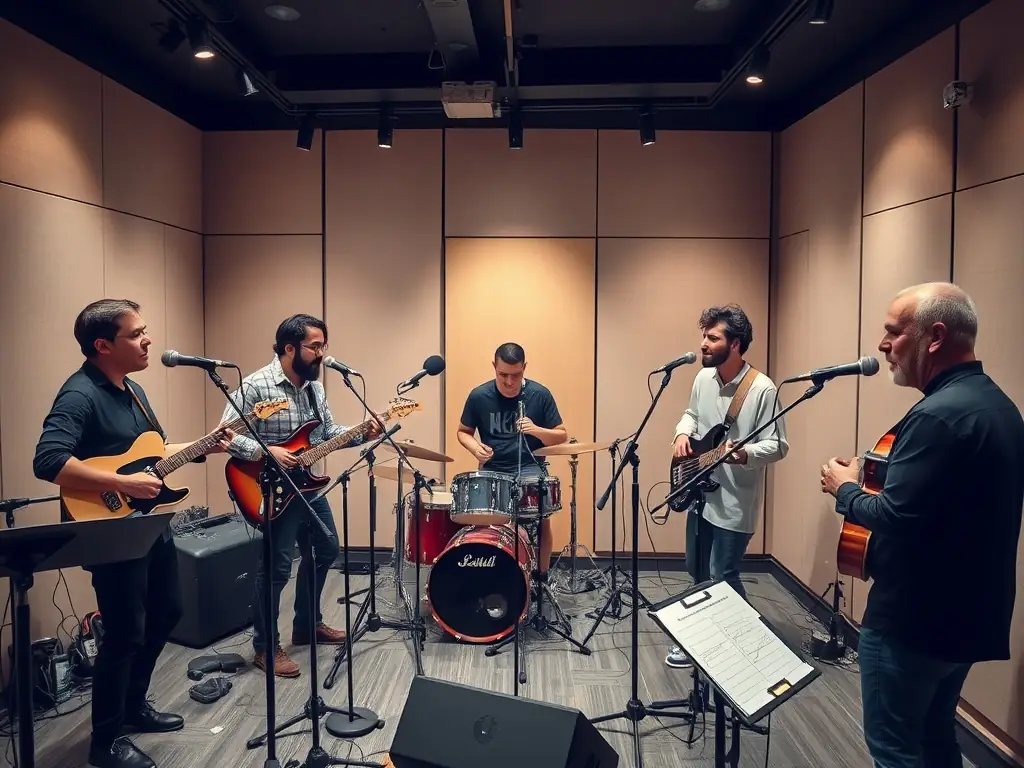 An image of a diverse group of artists collaborating in a recording studio, surrounded by instruments and sound equipment, showcasing the support creation aspect of MBS MA BANDE SON's services.