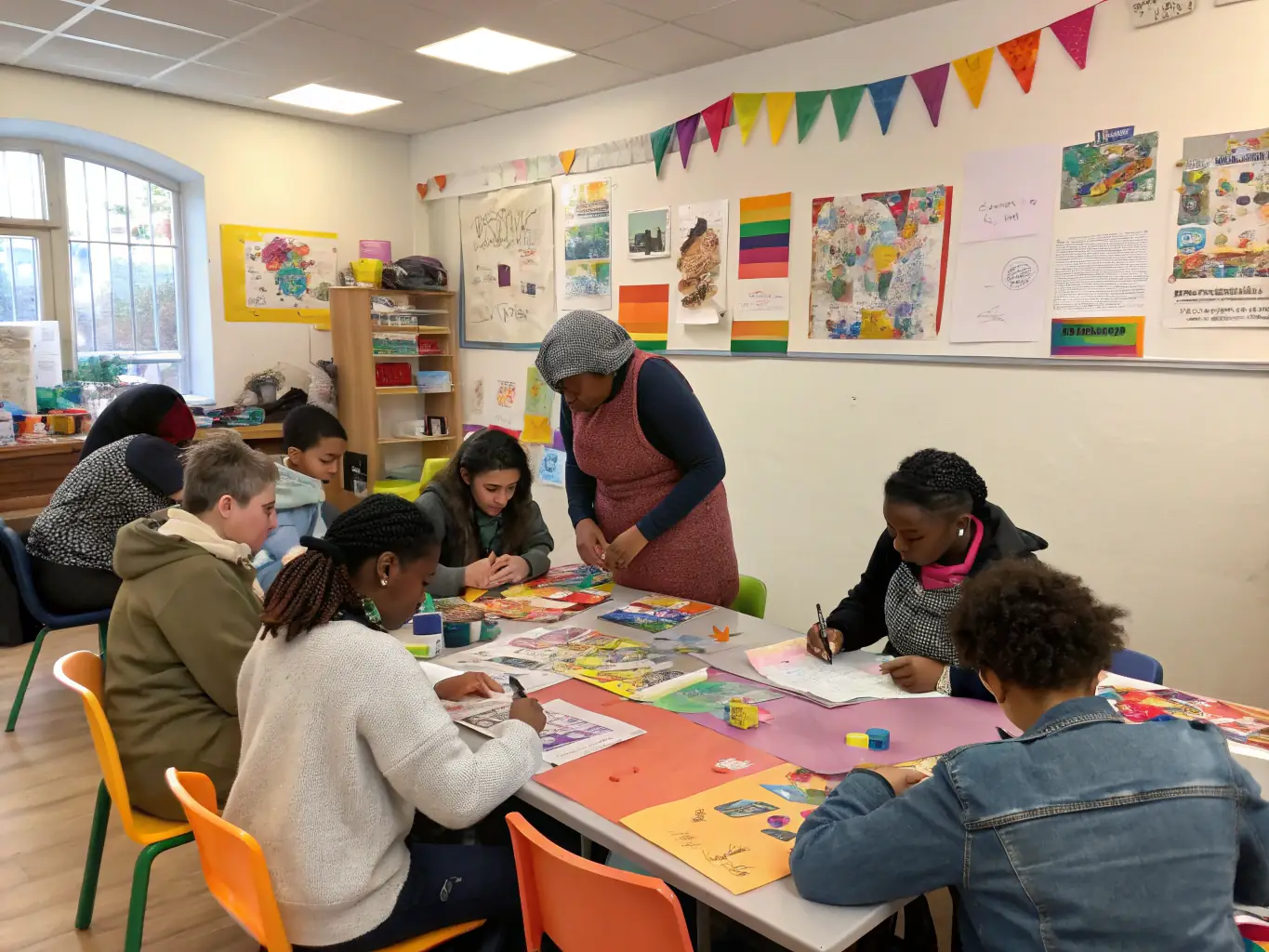 An engaging image of a community workshop led by an artist, demonstrating the organization's commitment to cultural education and outreach.