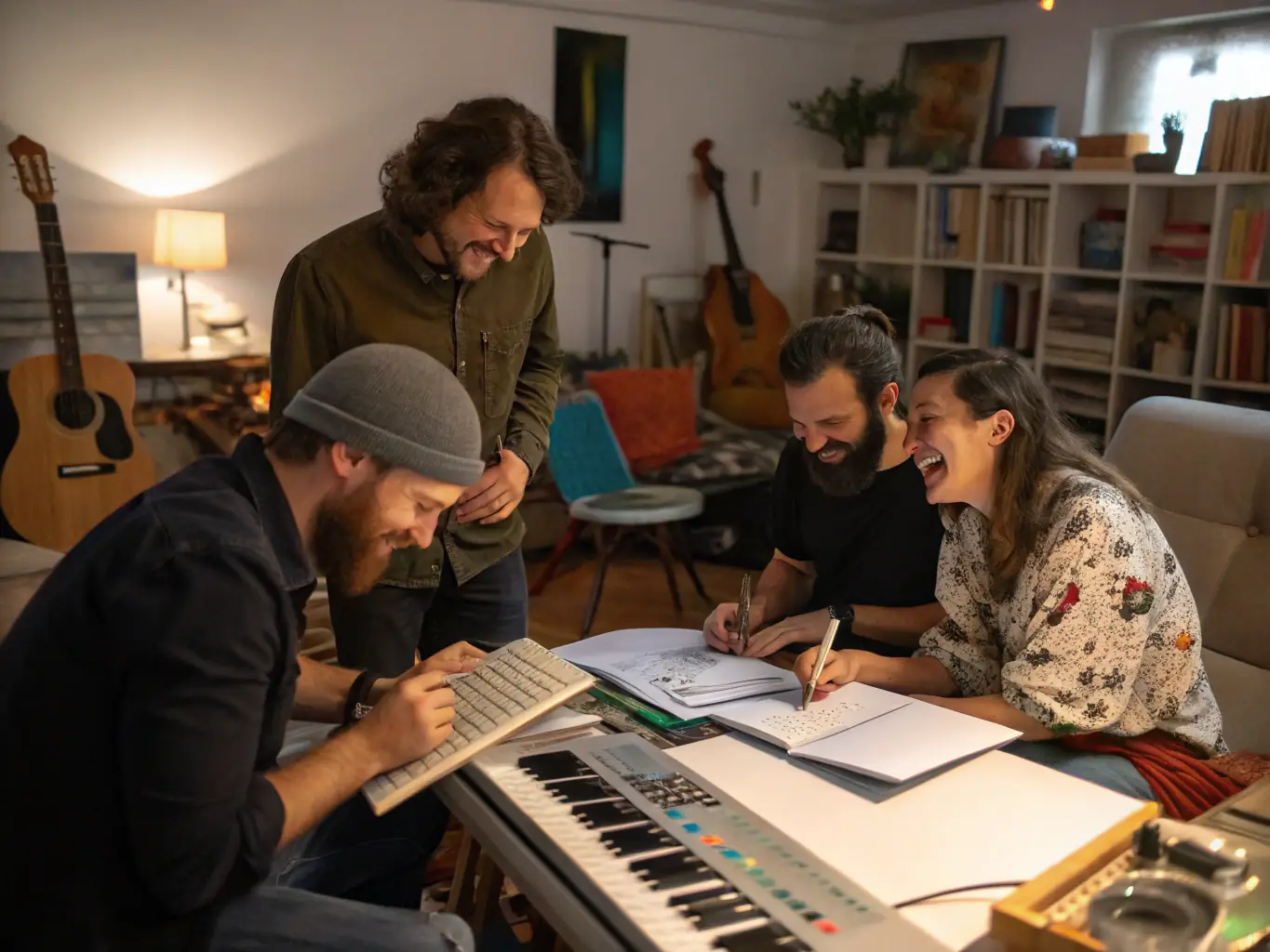 A photo of artists participating in a residency program at MBS MA BANDE SON, working collaboratively in a creative environment.