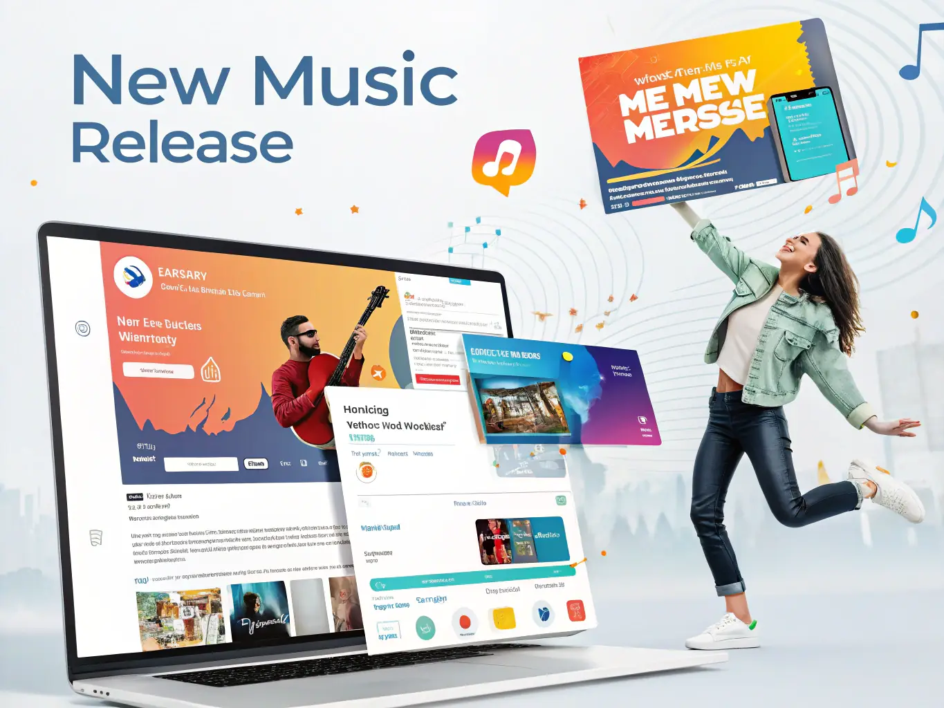 A visually appealing graphic representing MBS MA BANDE SON's promotional support services, including social media management, press releases, and digital marketing campaigns.