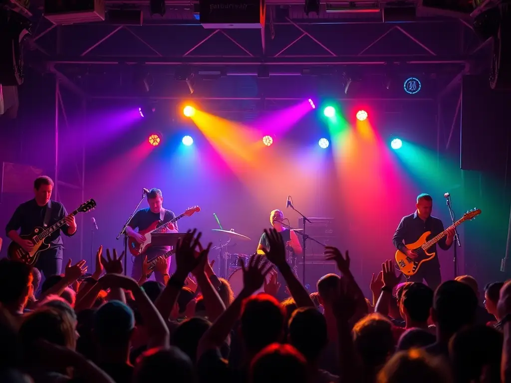 A vibrant photograph capturing a live music performance during one of MBS MA BANDE SON's organized tours, showcasing the energy and connection between the artists and the audience.