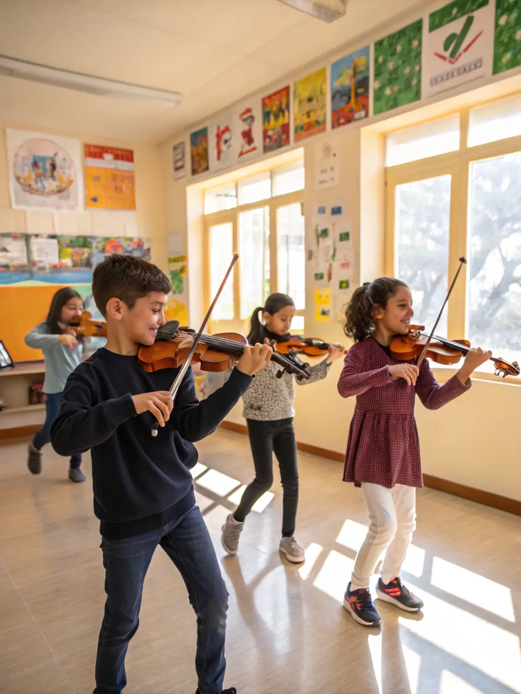 A vibrant image of a music workshop in progress, showcasing young musicians learning from experienced instructors, reflecting MBS MA BANDE SON's commitment to nurturing talent.
