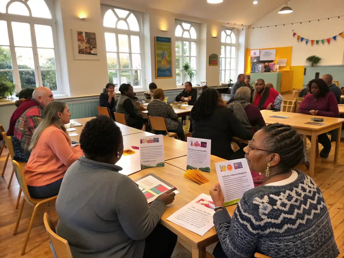 A dynamic image capturing a community workshop facilitated by MBS MA BANDE SON, where participants are actively engaged in a creative activity.